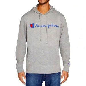 Champion Men’s Logo Print Jersey Pullover Hoodie Grey Heather Oxford NWT